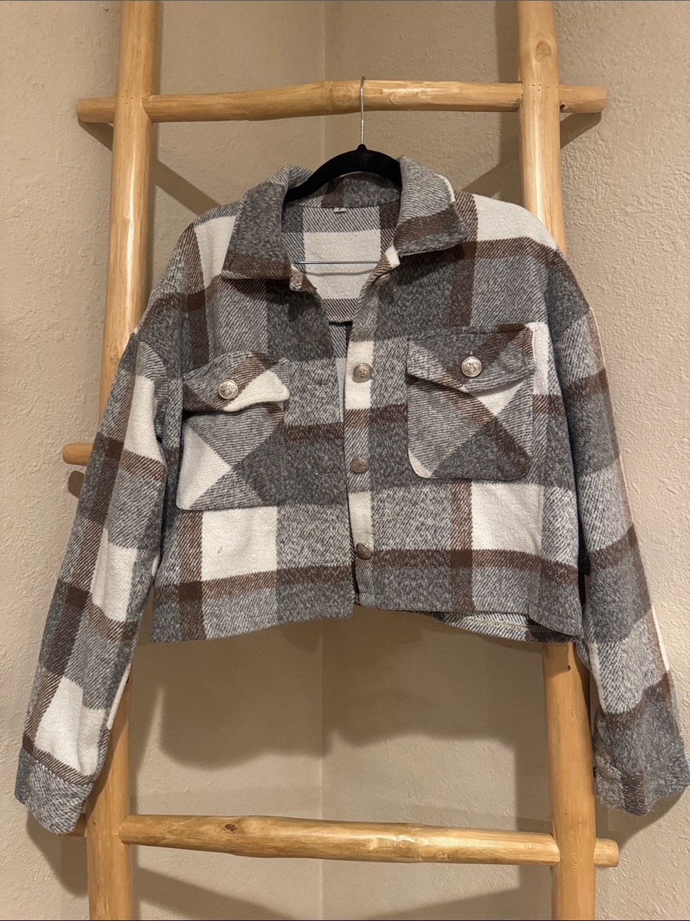 Cropped Plaid Button-Up Shacket in Gray, White & Brown flannel